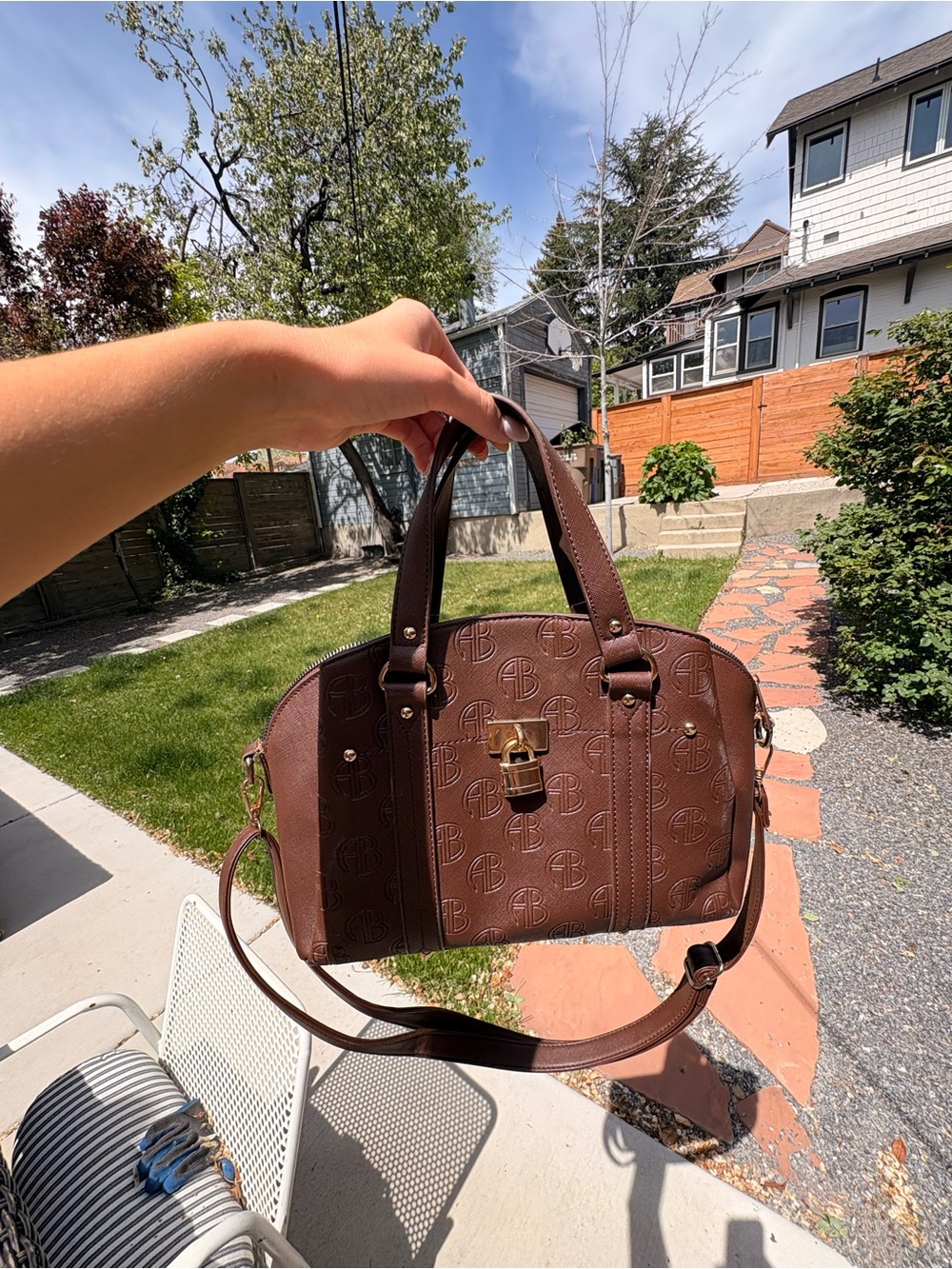Chocolate Brown Embossed Dome Satchel Shoulder Bag with Detachable Strap